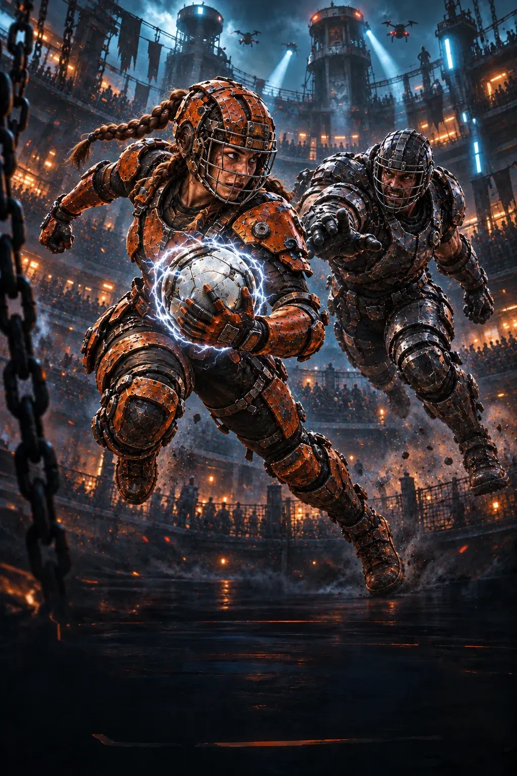 Illustration de slagball : une joueuse en armure orange porte une balle électrique dans une arène.